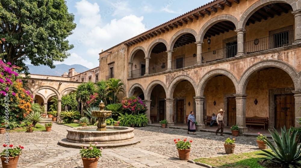 Obraz premium Historic Colonial Courtyard with Fountain, Arches, and Floral Garden