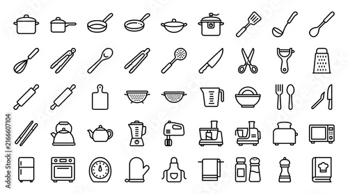 Quadro su tela Kitchen Editable Line Icon Set with Cookware, Utensils, Appliances, Cutlery, Foo