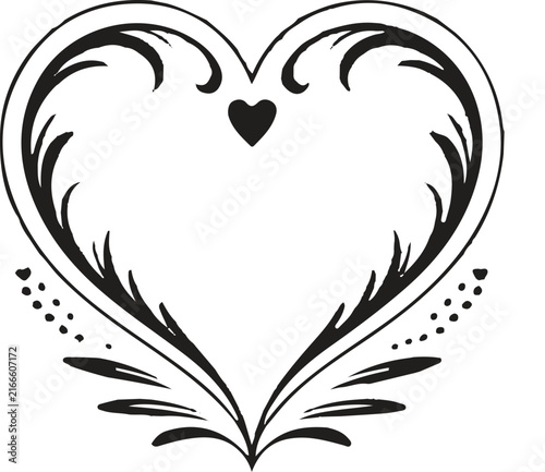 Hand Drawn Heart Love Frame with Decorative Feathers and Small Heart Center, Romantic Valentine Symbol, Elegant Black Outline Vector Illustration for Wedding and Greeting Card Design 