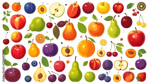 Colorful abstract pattern with fruit and flowers.