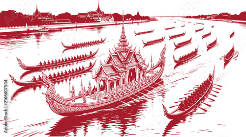Bild auf Leinwand Thai Royal Barge Procession vector illustration featuring an elegant formation of traditional ceremonial barges traveling along the river