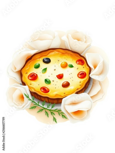 Illustrated savory tart with colorful toppings on white background