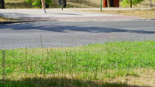 Pedestrian and passing cyclists moving along a sunny urban street beside a grassy cycle lane