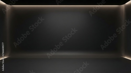 Dark minimalist studio room with subtle ambient lighting along edges, creating a modern empty backdrop for display or photography.