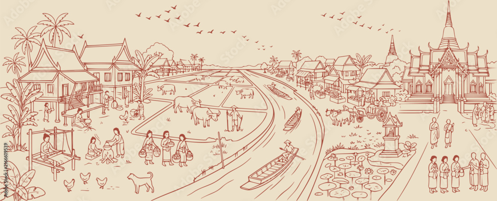 Obraz premium Traditional Thai riverside town scene featuring a winding road, canal, local houses, temple architecture, boats and community life in a decorative folk storytelling illustration.