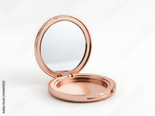 Open rose gold compact mirror with lid isolated on white background