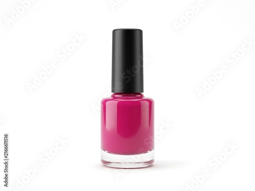 Bright pink nail polish bottle with black cap isolated on white background