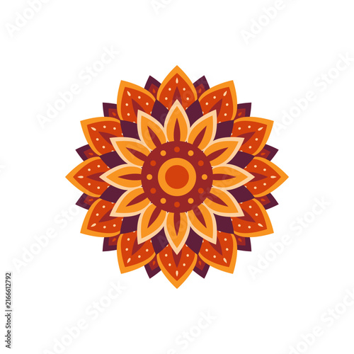 Vector floral mandala ornament with geometric petals for Happy Diwali and Indian festival decoration. Isolated element on white background for card, banner or rangoli design.