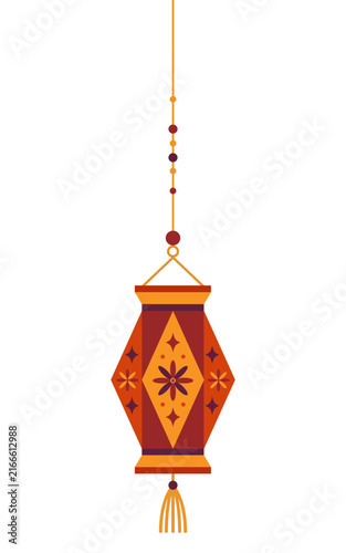 Vector hanging Indian decorations with kandil lanterns, oil diya lamps, and bead garlands for Happy Diwali festival. Isolated borders and elements on white background for banner or card design.