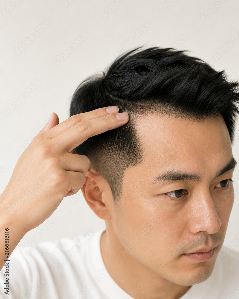 Fototapeta premium Man Lifting Hair to Examine Receding Temple