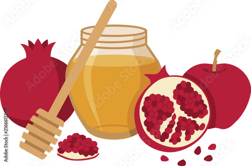 Rosh Hashanah Jewish New Year traditional holiday symbols set with jar of honey, wooden dipper, ripe apples, and open juicy pomegranate with seeds, vector illustration