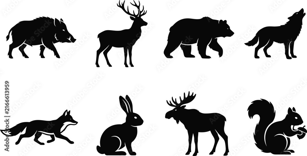 Fototapeta premium Collection of forest wild animal silhouettes including bear deer wolf and fox isolated on white background
