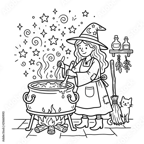 Witch stirring magical potion in cauldron with black cat and Halloween decorations