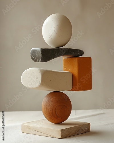 Zen Balance: A harmonious arrangement of geometric shapes and natural elements in a state of precarious equilibrium, symbolizing mindfulness and tranquility.