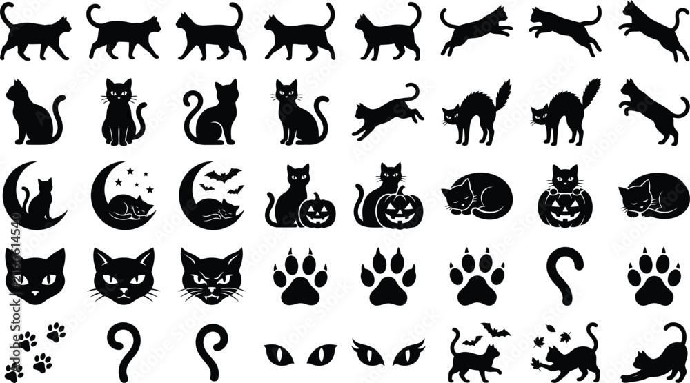 Obraz premium Collection of black cat silhouettes in various poses and halloween themed designs