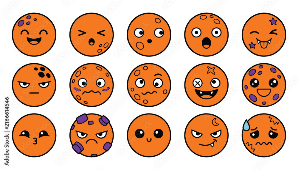 Fototapeta premium Set of cute orange planet characters with diverse cartoon facial expressions and purple spot patterns cartoon character facial expression planet emoji space character