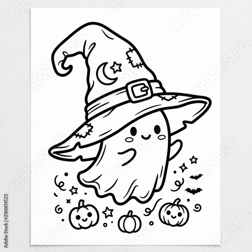 Cute cartoon ghost in witch hat with pumpkins for Halloween party decoration