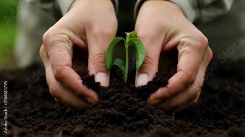 Hands gently cupping a young green seedling planted in rich dark soil, symbolizing growth, nurturing, and new beginnings. Close-up shot.