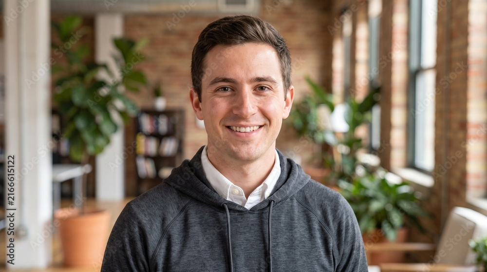 Obraz premium Portrait of happy young male tech startup employee in a modern brick wall office