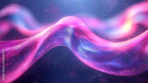 Iridescent Wave of Cosmic Dust: A fluid, iridescent wave glows with vibrant pink and purple hues, swirling with particles that resemble distant stars and nebulae.
