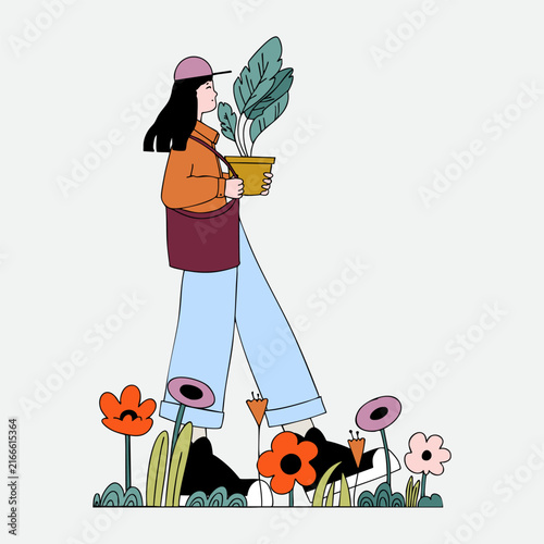 Woman with a flower in a pot.  Flat Vector Illustration.