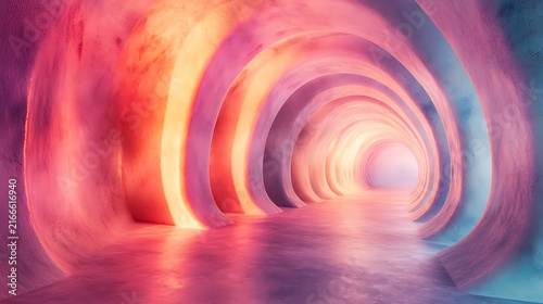 Vibrant Tunnel of Light: An abstract, ethereal tunnel with glowing, multicolored arches creates a sense of wonder and infinite possibility, inviting viewers into a dreamlike journey.