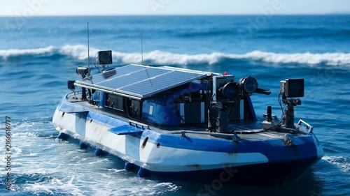 Autonomous marine drone with solar panels on open water