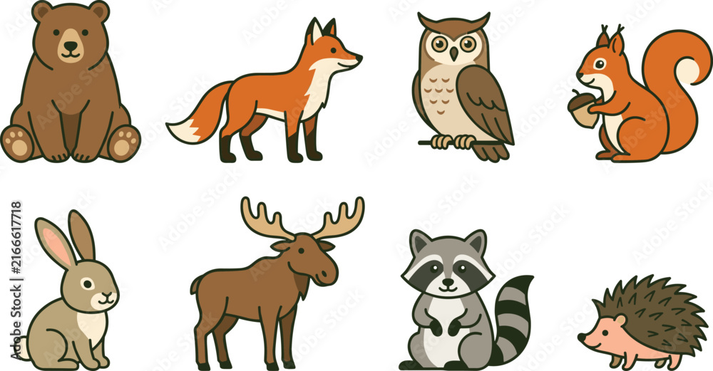 Obraz premium Cute woodland animals vector illustration set featuring bear fox owl squirrel rabbit moose raccoon and hedgehog