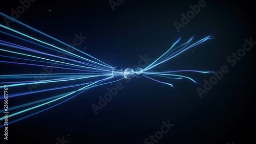 Dynamic light streams converge on central glass spheres against a dark background.