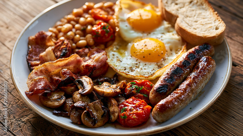 Full english breakfast plate with fried eggs, bacon, sausages, mushrooms, beans and toast