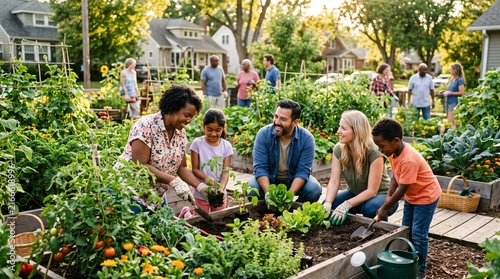 Diverse families and neighbors enjoy community gardening together on a sunny day