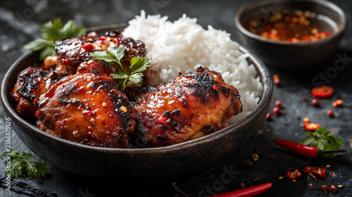 Spicy glazed chicken thighs with white rice in rustic bowl, asia inspired dinner