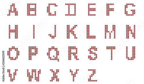 Maroon Cross Stitch Alphabet Pattern Complete English Capital Letters A to Z Pixel Art Font Isolated on White Background for DIY Craft Embroidery Project