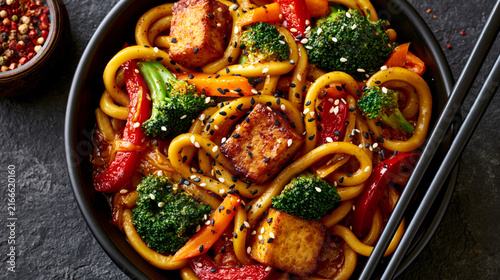 Savory udon noodles with crispy tofu, broccoli and bell peppers in sesame sauce
