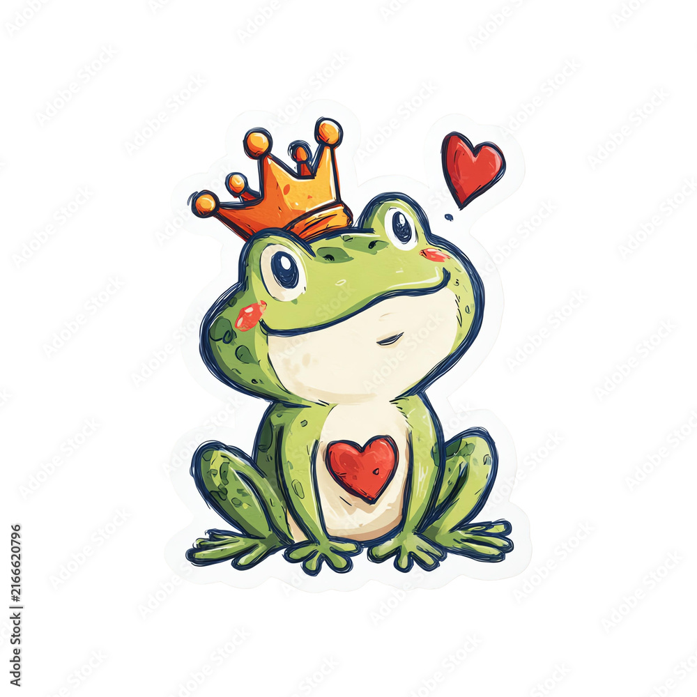 Fototapeta premium Cute little green frog prince wearing a golden crown with a red heart, fairytale animal cartoon character vector illustration transparent background
