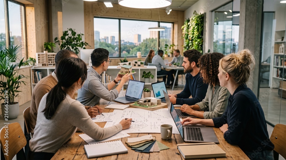 Obraz premium Multi-ethnic architectural team collaborating around a wooden table in a modern office.