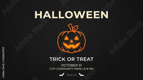 Halloween jack-o-lantern with trick or treat text on black spooky background for party flyer