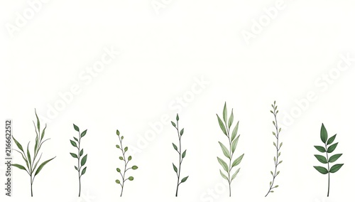 Set of green watercolor leaves and botanical sprigs arranged in a simple horizontal row