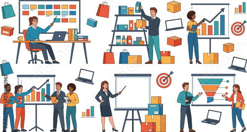 Flat outline vector illustration set of business corporate professionals managing retail commerce logistics market data analytics and inventory warehouse supply chains