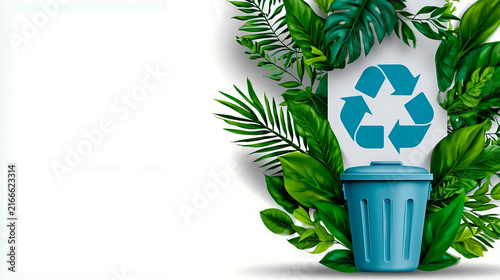 A blue recycling bin surrounded by green leaves and a white recyclable symbol