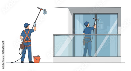 Professional window cleaner works on the exterior of a modern apartment building with glass balcony