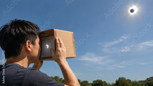 Person using cardboard pinhole projector to view solar eclipse, DIY eye safety concept

