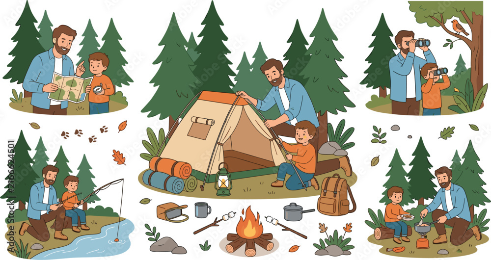 Fototapeta premium Family camping adventure vector illustration bundle with father and son pitching tent fishing roasting marshmallows and exploring nature