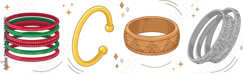 Traditional and Modern Bangle Bracelet Vector Set Featuring Colorful Indian Churi Gold Cuff Wooden Kada and Silver Filigree Jewellery Designs