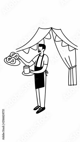 Labor Day celebration with a worker serving coffee and pretzels at a festive backdrop