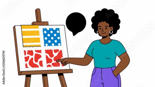 Artist presenting fabric swatches with patterns on an easel, colorful design samples