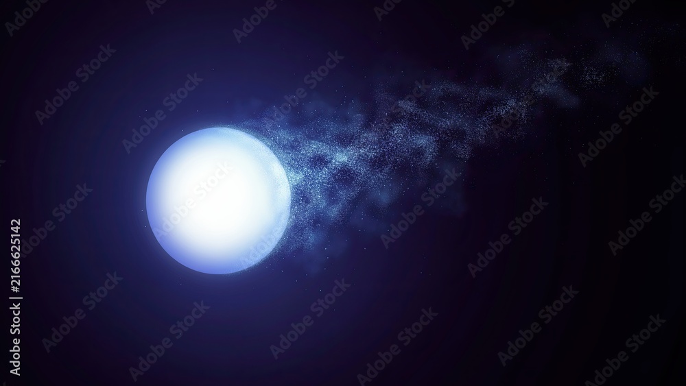 Fototapeta premium Bright glowing white sphere with a dusty particle tail moving across a dark blue universe.