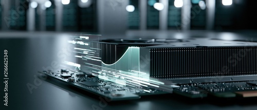 Futuristic computer processor with glowing blue data streams