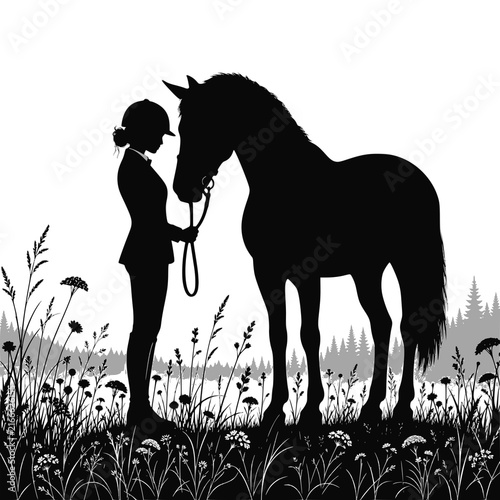 Silhouette of a female rider with her horse: Design for equestrian club logos, horse breeding farm brochures, or country life posters. JPEG version.