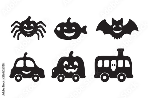 Halloween Silhouette Icons Of Spider Fish Bat Car Pumpkin And Train